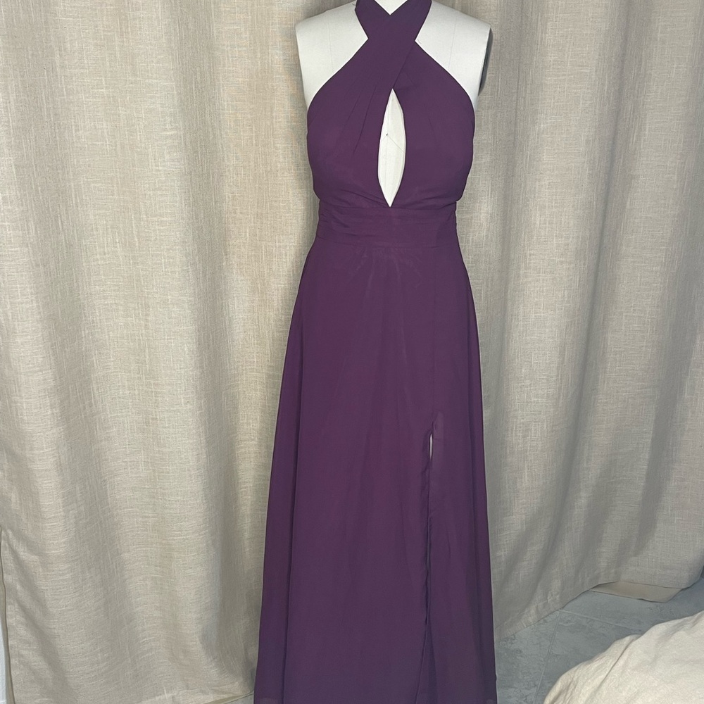 Plum Halter Formal Sleeveless Gown with Keyhole & Open Back with Leg Slit